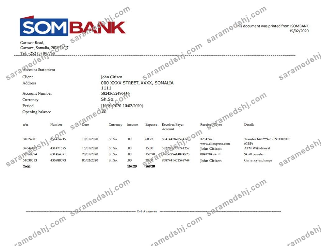 Somalia Sombank bank statement template in Word and PDF format